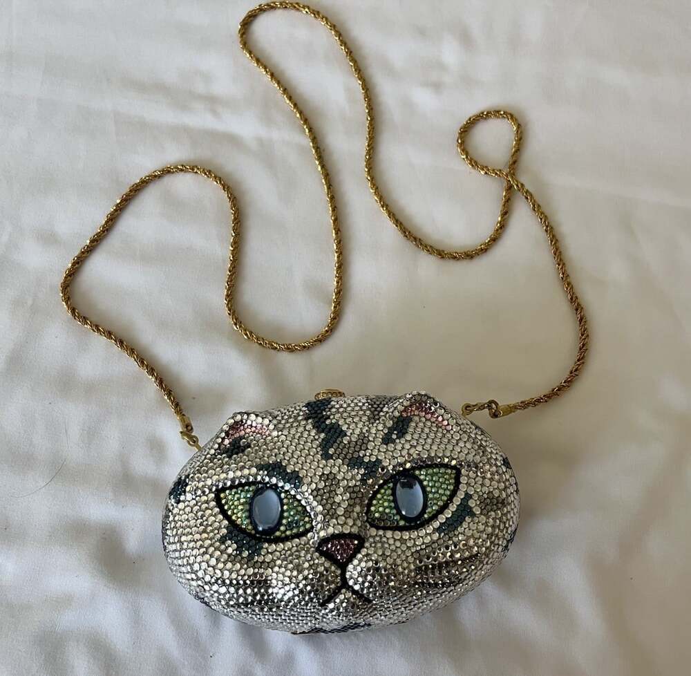 Vintage Kathrine Baumann Grumpy Cat Swarovski Crystal Minaudière Shoulder Bag